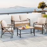 YITAHOME 4-Piece Patio Wicker Furniture Set with Wood Armrest, All Weather Rattan Conversation Furniture Sets for Backyard, Balcony, Deck w/Soft Cushions and Plastic Wood Table (Light Brown+Beige)