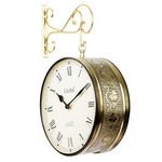 CRAFTEL Metal Analog Double Sided Vintage Roman Station Wall Clock for Home and Living Room (Shiney Gold_10 Inches)