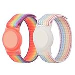 2 Pack Airtag Wristband for Kids, Adjustable Nylon Strap with Durable Silicone Anti-Lost Anti-Scratch Apple Airtag Protective Case, GPS Tracker Airtag Bracelet Watch Band (Rainbow, Colorful)