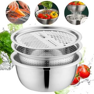 Germany Multifunctional Stainless Steel Basin,3 in 1 Multifunction Stainless Steel Basin with Grater Vegetable Cutter for Kitchen, Vegetable Slicer Grater Strainer and Drain Basket (11.8 inch)