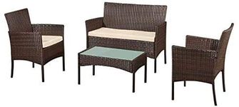 Buyer Empire Rattan Garden Furniture Set Heavy Duty Glass Coffee Table Chair Sofa 4 Piece Family lawn Indoor/Outdoor Lounge, Poolside, Garden, Balcony Conservatory Furniture (Brown)