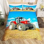 Boys Tractor Bedding Set Men Construction Cars Pattern Comforter Cover for Kids Children Red Heavy Machinery Vehicles Duvet Cover Farming Simulators Bedspread Cover Room Decor Quilt Cover Single