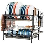 iSPECLE Dish Drainer Rack - 2 Tier Dish Drying Rack with Drainboard and Utensil Holder, Dish Drainer with Cutting Board Holder, 4 Hooks, Large Capacity Sink Drainer for Kitchen Countertop, Black