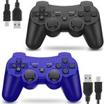 2 Pack Controller for PS3 Wireless Motion Sense Dual Vibration Upgraded Gaming Controller for Play 3 with Charging Cord (Black and Blue)