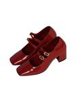 Theater Women Buckle Midtop Comfortable Mary Jane Block Heels | Formal and Casual Fashion Shoes Red