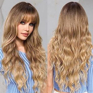 EMMOR Perruques Ombré Blond Cendré pour Femmes Perruques de Couleur en Évidence avec Frange Longue Bouclée en Fibres Synthétiques Résistantes à la Chaleur Perruques Quotidiennes d'Aspect Naturel