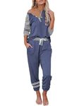 FARORO Womens Plus Size PJ Set Lounge Sets 2 Pieces Color Block Pajama Sets Sweatsuits Pullover Long Sleeve PJs Nightwear Lounge Outfit Sleepwear Navy Grey