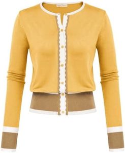 Women's Cardigan Sweater Color Block Long Sleeve Crew Neck Knit Cardigan Trendy Cropped Cardigan Shrug, Yellow and Brown XL