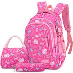 3PCS School Backpack for Girls, Kids Bookbags Set Primary Girls Students (Daypack + Lunch Bag + Pencil Case) (Rose Red)