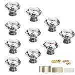 Galaxy 10Pcs 1.2Inch Clear Crystal Glass Door Knobs (Brass base)-Diamond Wardrobe Doorknob/Crystal Glass Knob/ Cabinet Cupboard Handle Pull Knobs/Door Pull Handle with Screws with 3 Kinds Screws (30mm)
