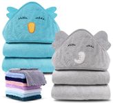 Baby Hooded Bath Towel and Washcloth Sets, Baby Essentials for Newborn Boy Girl, Baby Shower Towel Gifts for Infant and Toddler - 2 Towel and 8 Washcloths - Yellow Bee and Grey Elephant