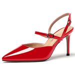 WAYDERNS Women's Patent Leather Mary Jane Double Buckle Strap Slingback Solid Pointed Toe Stiletto High Heel Pumps Shoes 3.5 Inch, Red, 10.5