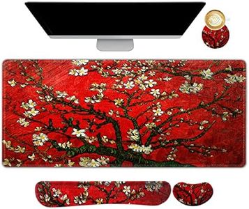 ARTSO Large Gaming Mouse Pad, Keyboard Wrist Rest Pad & Wrist Support Mousepad Set, Stitched Edge, Extended, Non-Slip Base, Memory Foam Desk Mat 4pcs for Office & Home, Red Van Gogh Painting