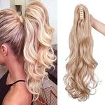 24"/60cm Curly Claw On Ponytail Extension Matte Material Wavy Clip In Pony tail Synthetic Hairpiece For Women, Ash Blonde Mix Bleach Blonde