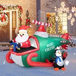 Costway 1.9M Christmas Inflatable Santa Claus with Penguins on Helicopter, Blow-up Santa Claus Flying Airplane, Lighted Xmas Decor w/LED Lights, Built-in Sandbag, Stakes & Ropes for Outdoor & Indoor