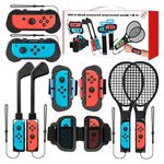 Aedcbaide 10 in 1 Switch Sports Accessories Kit for Nintendo Switch, Family Sports Game Kit Somatosensory Set for Joycon Mario with Controller Grips, Tennis Rackets, Golf Clubs, Wrist & Leg Straps (2)