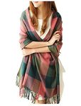 heekpek Winter Long Soft Warm Tartan Check Scarves Wraps for women Wool Spinning Tassel Shawl Long Stole (Red Green)(Size: One Size)