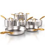 Homaz life Pots and Pans Set, Tri-Ply Stainless Steel Hammered Kitchen Cookware, Induction Compatible, Dishwasher and Oven Safe, Non-Toxic, Professional Grade Cooking Sets, 10-Piece, Silver