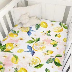 Watercolor Lemons Leaves Baby Crib Sheets 52''x28'' Summer Lemon Boho Flowers Leaves Stretchy Fitted Crib Mattress Sheet for Boy Girl Fruits Soft Baby Sheets for Standard Crib and Toddler Mattresses