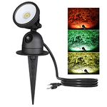 EDISHINE LED Outdoor Spotlight with 3 Lenses (Red Yellow Green), Dusk to Dawn Light Sensor Plug in Landscape Spot Light, 120V 12W Stake Light with 3 FT Extension Cord, UL Listed