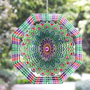 SPRING SONG Wind Spinner 3D Stainless Steel Indoor Outdoor 10" Octagonal Mandala Decoration Crafts Ornaments Kinetic Yard Art, Hanging Wind Spinners Decor Gifts