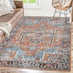 ROYHOME Area Rug 8x10 Machine Washable Area Rug Vintage Distressed Accent Rug Oriental Floral Medallion Stain Resistant Non-Slip Foldable Floor Cover Carpet Rug for Living Room Decor, Orange