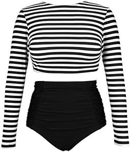 COCOSHIP Black & White Striped Women's Multi-Purpose Long Sleeve Swim Shirt Rash Guard Top Tankinis High Waist Bathing Swimsuit 12