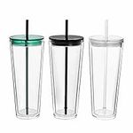 Insulated Tumblers Double Wall Clear Plastic Tumblers 3 Pack 24oz Tumblers with Lids and Straws,Reusable Cups With Straw,Perfect for Parties, Birthdays,Gifts (Transparent+Black+Green)