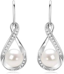 Pearl Drop Earrings for Women, Dainty Sterling Silver Small Freshwater Pearl Dangle Earrings with Diamond Wedding Jewelry Gift for Bride Bridesmaid 8mm