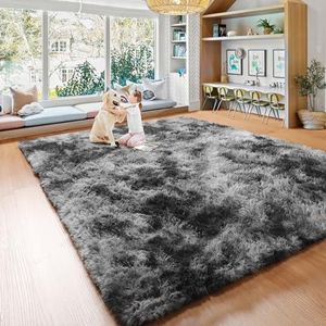 SAZAMI Fluffy Soft Shaggy Area Rug 5x8 Tie-Dye Dark Grey Fuzzy Non-Slip Neutral Rug for Living Room Bedroom Aesthetic, Big Modern Thick Rugs for Nursery Playroom, Plush Furry Carpet for Kids Teen Men