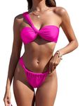 ZAFUL Women's One Shoulder Bikini Twisted Ruched High Cut Bandeau Bikini Set Two Piece Swimsuit, 1-hot Pink, Small