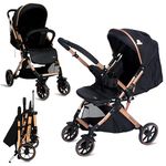 Infantso GlideX Premium Baby Stroller / Pram, Reversible Handle, One Fold, Travel Friendly, 5 Points Safety Harness, Extendable Canopy, Multilevel Recline, Adjustable Footrest, Easy Fold, Shock Absorption Wheels, for babies 0 to 3 years ( Black Golden )