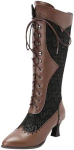 COOLCEPT Femmes Vintage Victoriennes Bottes Lacets Genoux Bottes Almond Toe Brown Taille 40