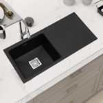 Plantex Sink for Kitchen/Granite Quartz Single Bowl Kitchen Sink With Drain Board/Undermount/Top Mounted (Black-36x18 Inches)