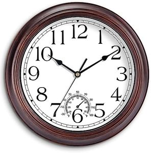 KECYET 12 Inch Outdoor Wall Clock with Thermometers, Vintage Silent Wall Clocks Battery Operated, Retro Non-Ticking Clock Decorative for Living Room, Patio, Kitchen, Office, Bathroom, Bedroom(Bronze)