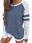 Famulily Women's Long Sleeve Baseball Tee Shirt Crew Neck Colorblock Striped Tops(Blue,Large)