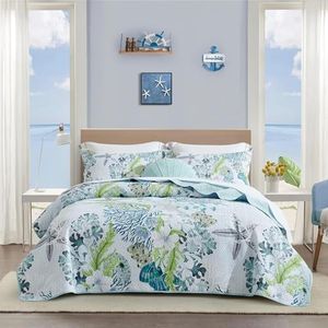 Tritard 3 Piece Coastal Beach Quilt Set King Size Ocean Themed Bedding Blue Microfiber Lightweight Bedspread Coverlet with 2 Shams Starfish Coral Seashell Bed Covers for All Season, 96''x106''