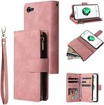 UEEBAI Wallet Case for iPhone SE 2022 5G/iPhone 7/iPhone 8/iPhone SE 2020, Premium PU Leather Magnetic Closure Handbag Zipper Pocket Case Card Slots Wrist Strap Flip Case for iPhone SE3/SE2 -Pink