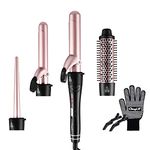 CkeyiN 4 in 1 Curling Wand Set, Multifunction Hair Curler Set 1 Curling Brush and 3 Interchangeable Ceramic Barrel, Dual Voltage 30s Fast Heating with Heat Resistant Glove for Long/Short All Hairstyle