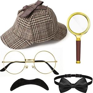 6 Pcs Detective Costume Accessories Set Include Detective Hat Pipe Magnifying Glass Bow Tie Fake Mustache Lensless Glasses for Role Play Detective Cosplay Prop