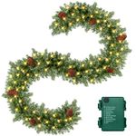 ENVEN 9FT Christmas Garland Pre-lit 50LED Lights Holiday Artificial Decor for Stairs Mantle Door Indoor Outdoor Garland with Battery Operated Timer