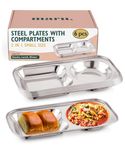 MARU Stainless Steel Tableware Compartment Plates | Creative Shapes Plates with Separators | Partition Mess Tray Set | (2 in 1 Rectangle, 21cm - Set of 6)