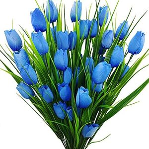Guagb 8 Bundles Outdoor Artificial Tulips Fake Flowers UV Resistant Faux Plastic Greenery Shrubs Plants for Home Outside Garden Porch Window Farmhouse Decor (Blue)