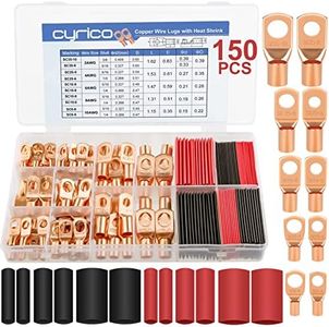 150pcs Battery Cable Ends, Copper Wire Lugs Assortment Kit AWG 2 4 6 8 10 Gauge - 70Pcs Battery Cable Lugs Ring Wire Terminal Connectors and 80Pcs Heat Shrink Tubing Kit for Marine Electrical Supplies