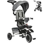 Aosom 6-in-1 Toddler Tricycle for 12-50 Months, Foldable Kids Trike with Adjustable Seat and Push Handle, Safety Harness, Removable Canopy, Footrest, Grey