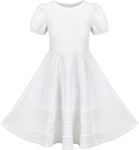 Sunny Fashion Girls Dress White Solid A-line Retro Puff Sleeve Casual Spring Summer 6 Years