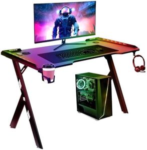 NK Mesa Escritorio Gaming con LED (120X60cm) - Portavasos y Botellas, Soporte para Auriculares/Cascos, Gestión de Cables, Gaming Desk, Tabla 1.5cm (Resistencia) Peso Máximo Soportado 100kg