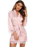 RSLOVE Women Satin Robe Lace Trim Kimono Dressing Gown Silk Bridal/Bridesmaid Robe Pink Medium