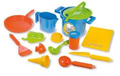 Lena 05410 - Happy Sand cooking play set I, 14 pieces, sand and water toy set for children from 2 years, with pot, strainer, 3 moulds, board, pan, ice cream spoon and cone and other accessories