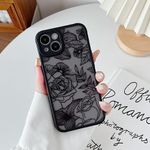 XIZYO Case for iPhone 14 6.1 Inch, Cute Frosted Translucent Rose Floral Flower Pattern Shockproof Cover, for Girls Women Luxury Soft TPU Protective Phone Case, Black